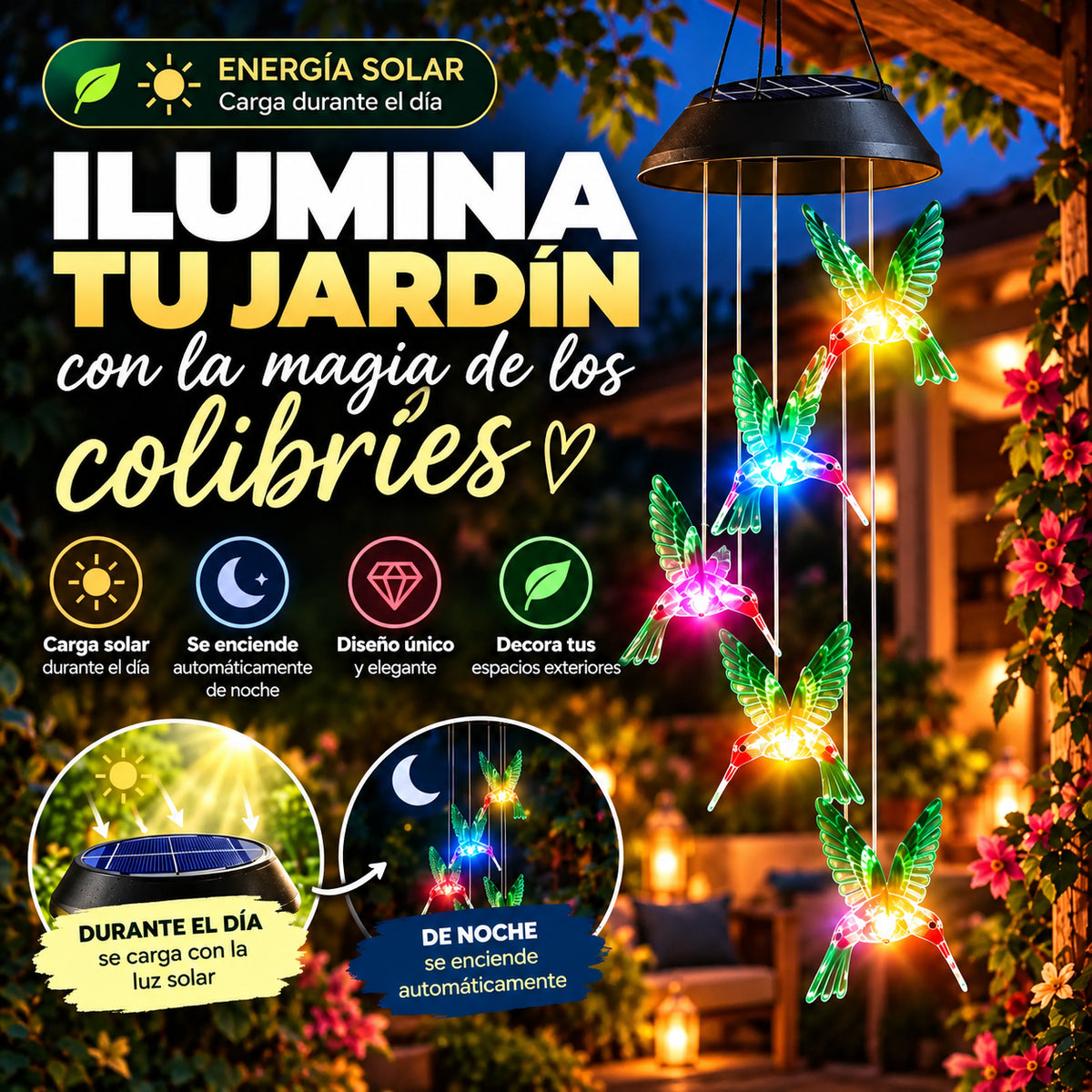 Luz Solar Colgante de Colibríes | Decora de Día y Se Enciende Automáticamente de Noche