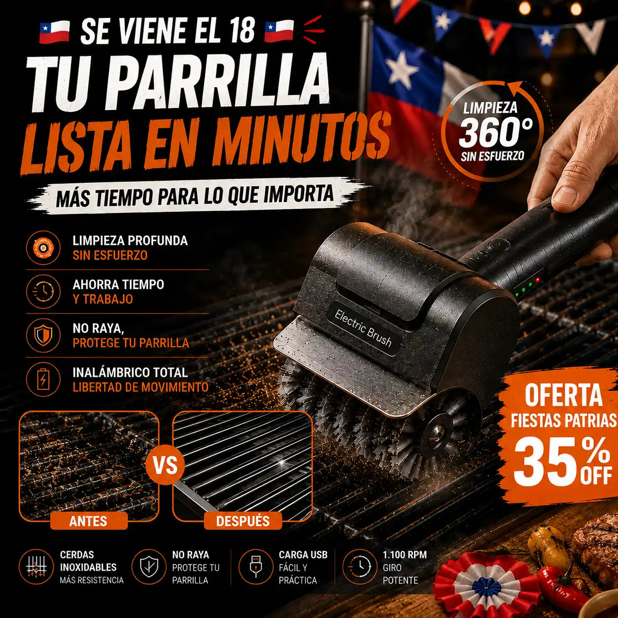🇨🇱 OFERTA 18CHERA | Cepillo Eléctrico para Parrillas | Limpia Más Rápido y Disfruta Más del Asado