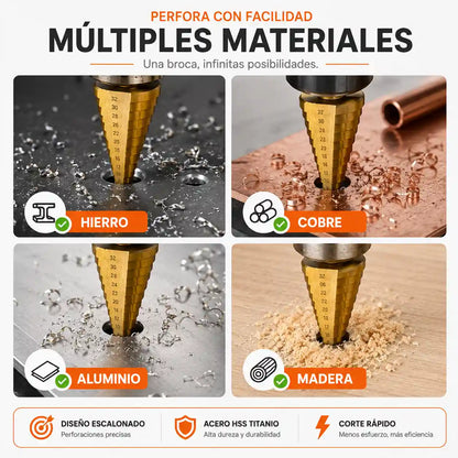 Set de 6 Brocas Escalonadas de Titanio + Estuche | Perfora Distintos Diámetros Sin Cambiar de Broca