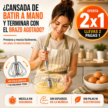 PROMO 2X1 | Batidor semiautomatico de acero inoxidable | Mezcla más rápido, con menos esfuerzo y sin electricidad.