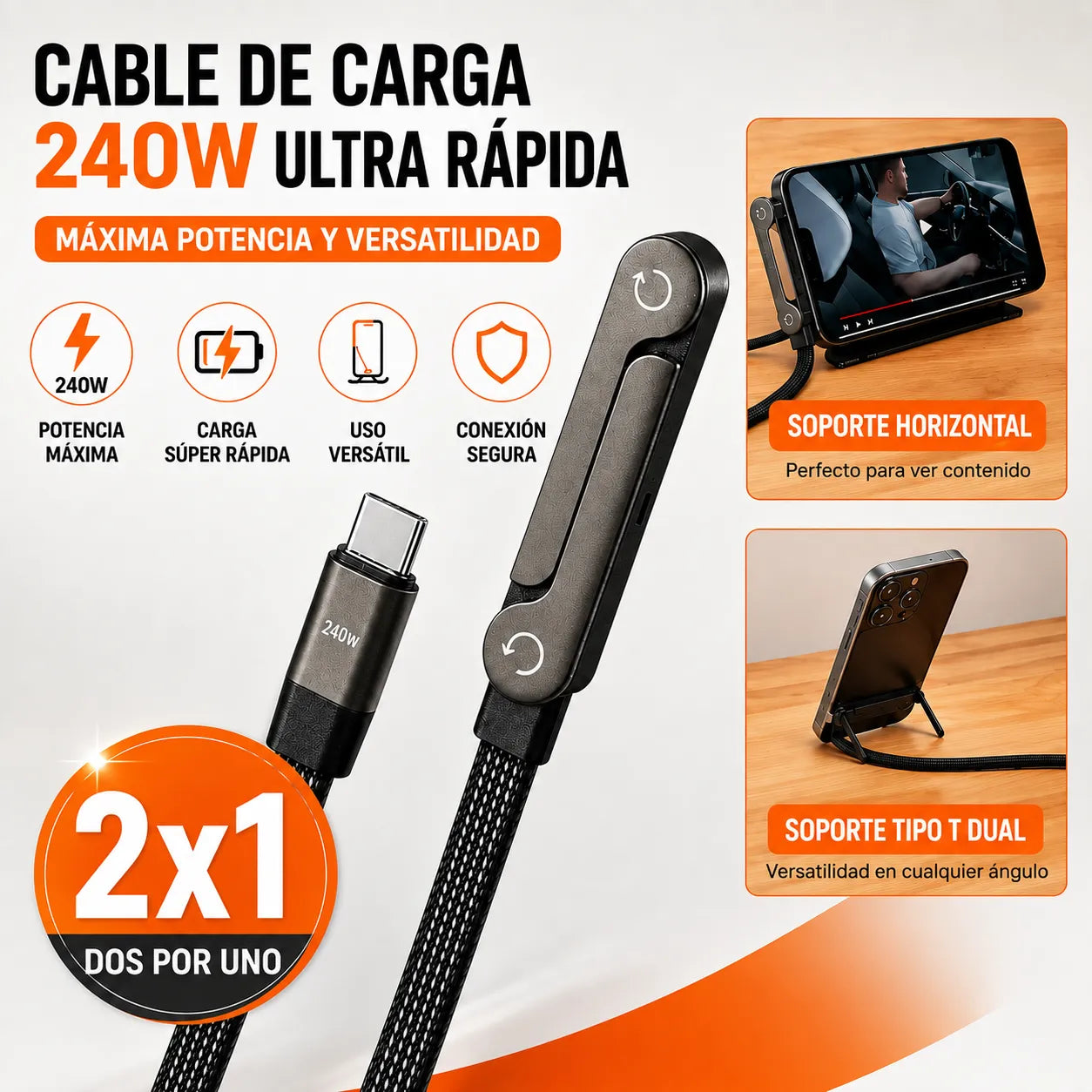 PROMO 2X1 | Cable Cargador rápido 240W con Soporte integrado 1.5 Metros | TIPO-C  para Android y  Iphone