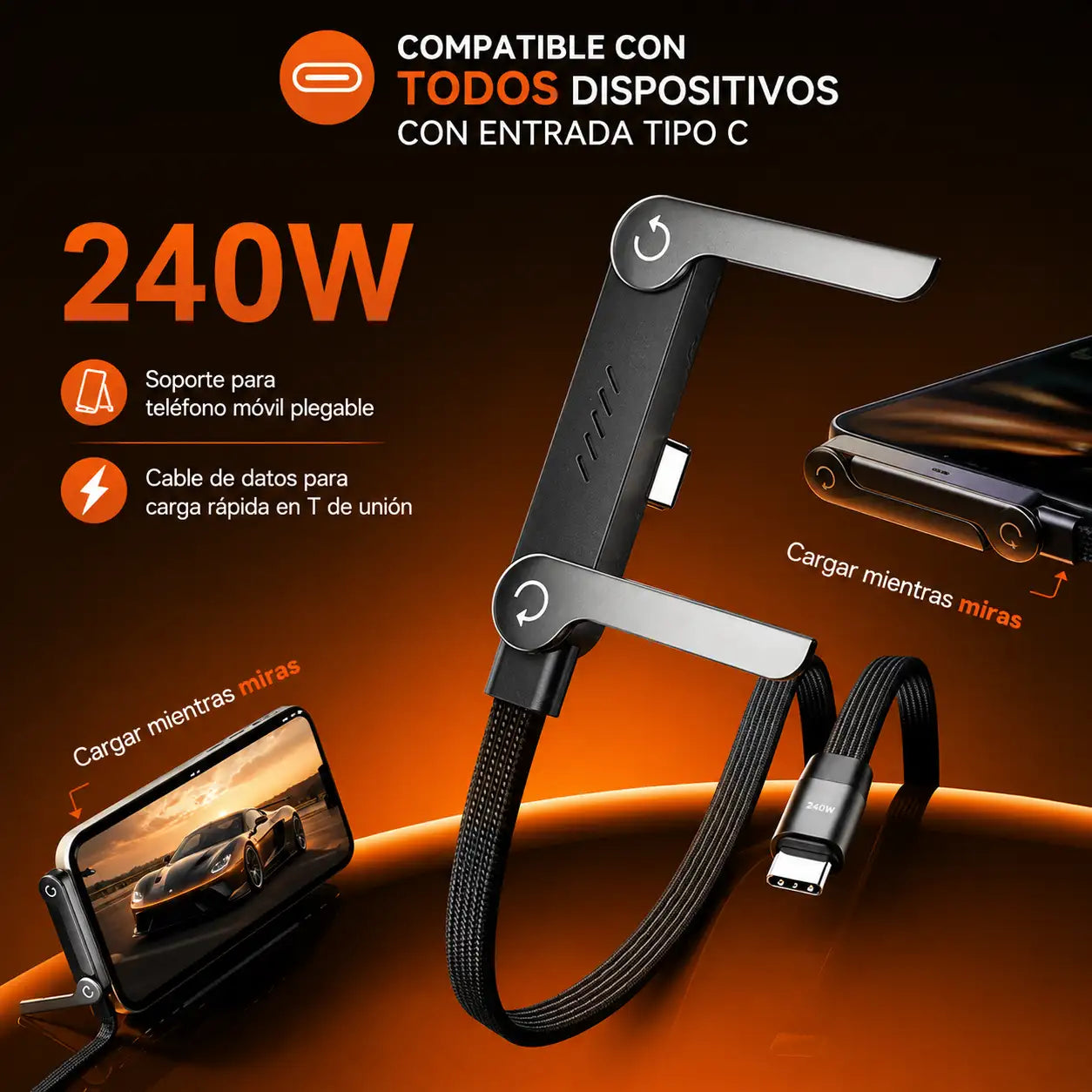 PROMO 2X1 | Cable Cargador rápido 240W con Soporte integrado 1.5 Metros | TIPO-C  para Android y  Iphone
