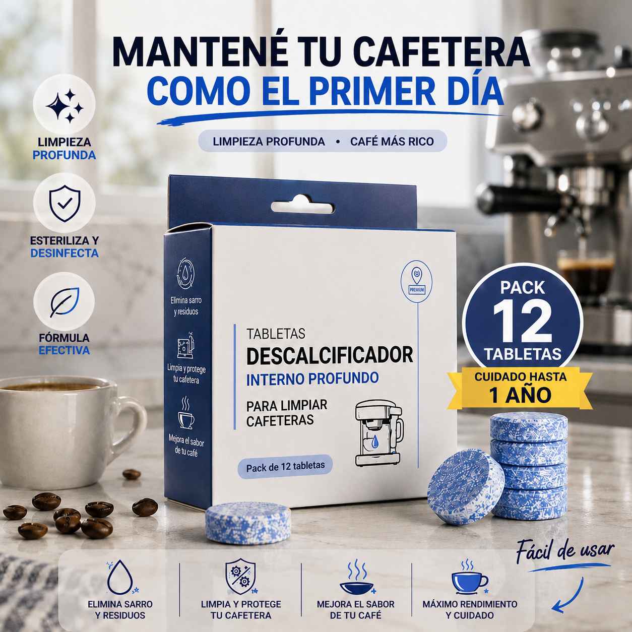 Pack 12 pastillas limpia Cafetera - Deja Tu Cafetera como el Primer Dia | 12 Meses de limpieza
