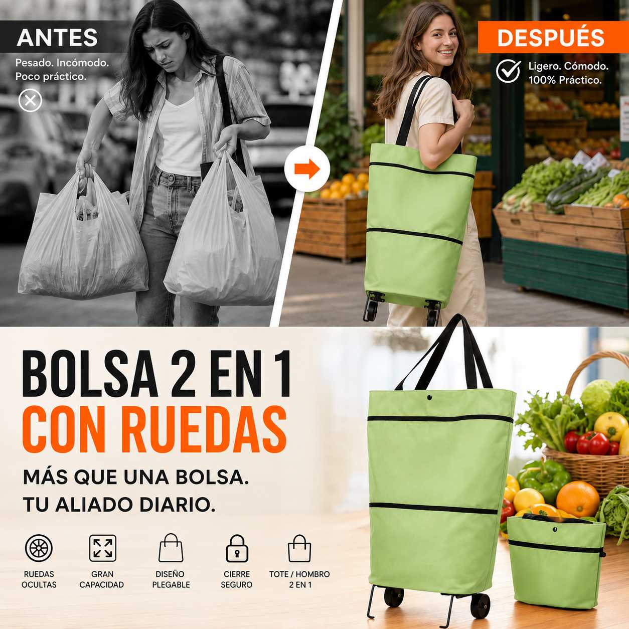 PROMO 2x1 | Bolso Plegable Con Ruedas - LLevas más cosas sin cargar peso
