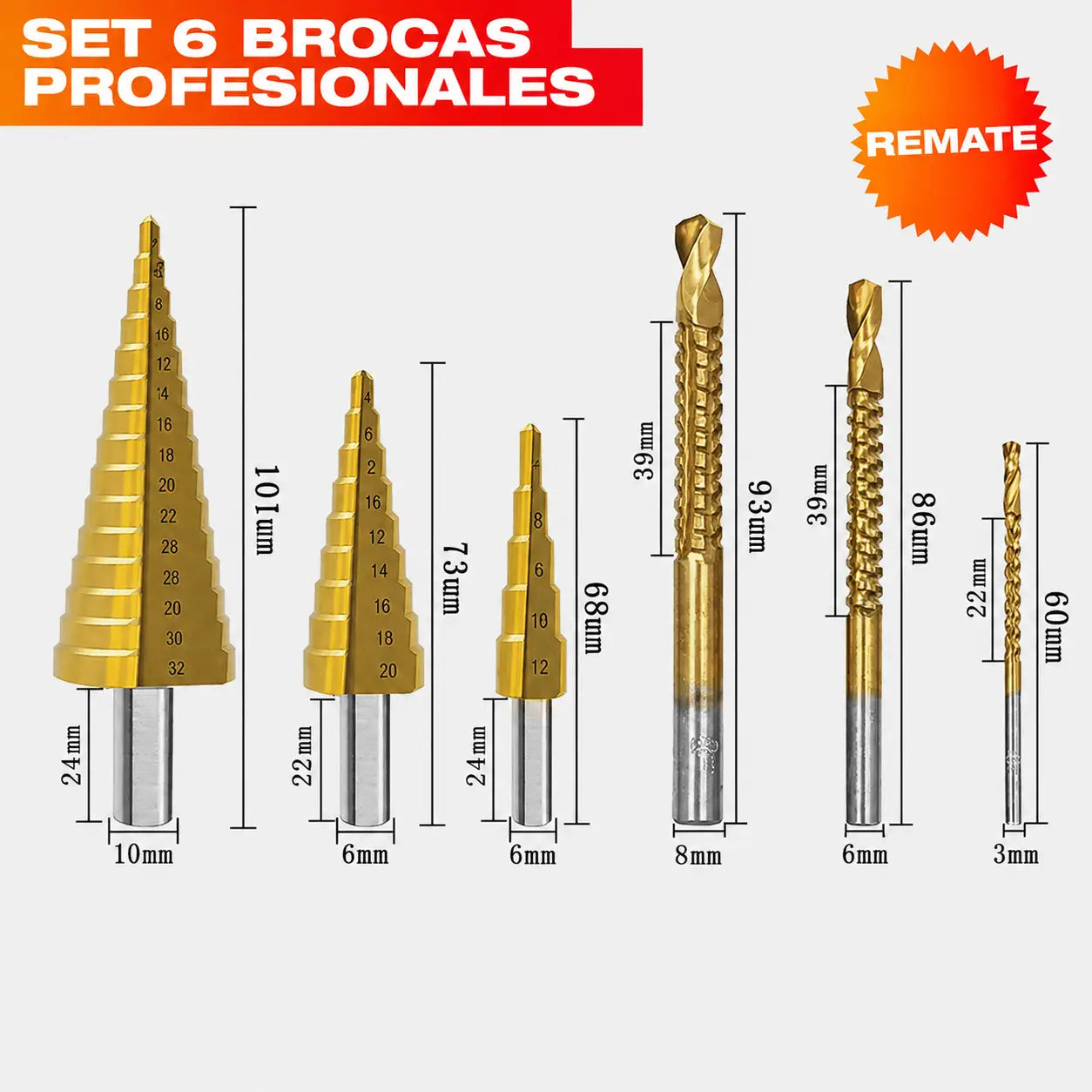 Set de 6 Brocas Escalonadas de Titanio + Estuche | Perfora Distintos Diámetros Sin Cambiar de Broca