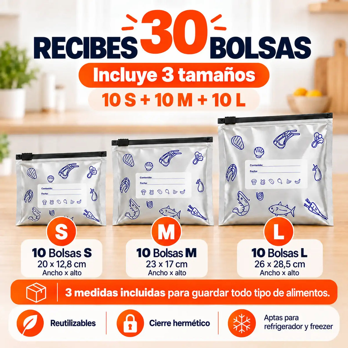 Pack 30 Bolsas Herméticas Reutilizables para Guardar y Conservar tus Alimentos | Incluye 3 Tamaños S, M y L