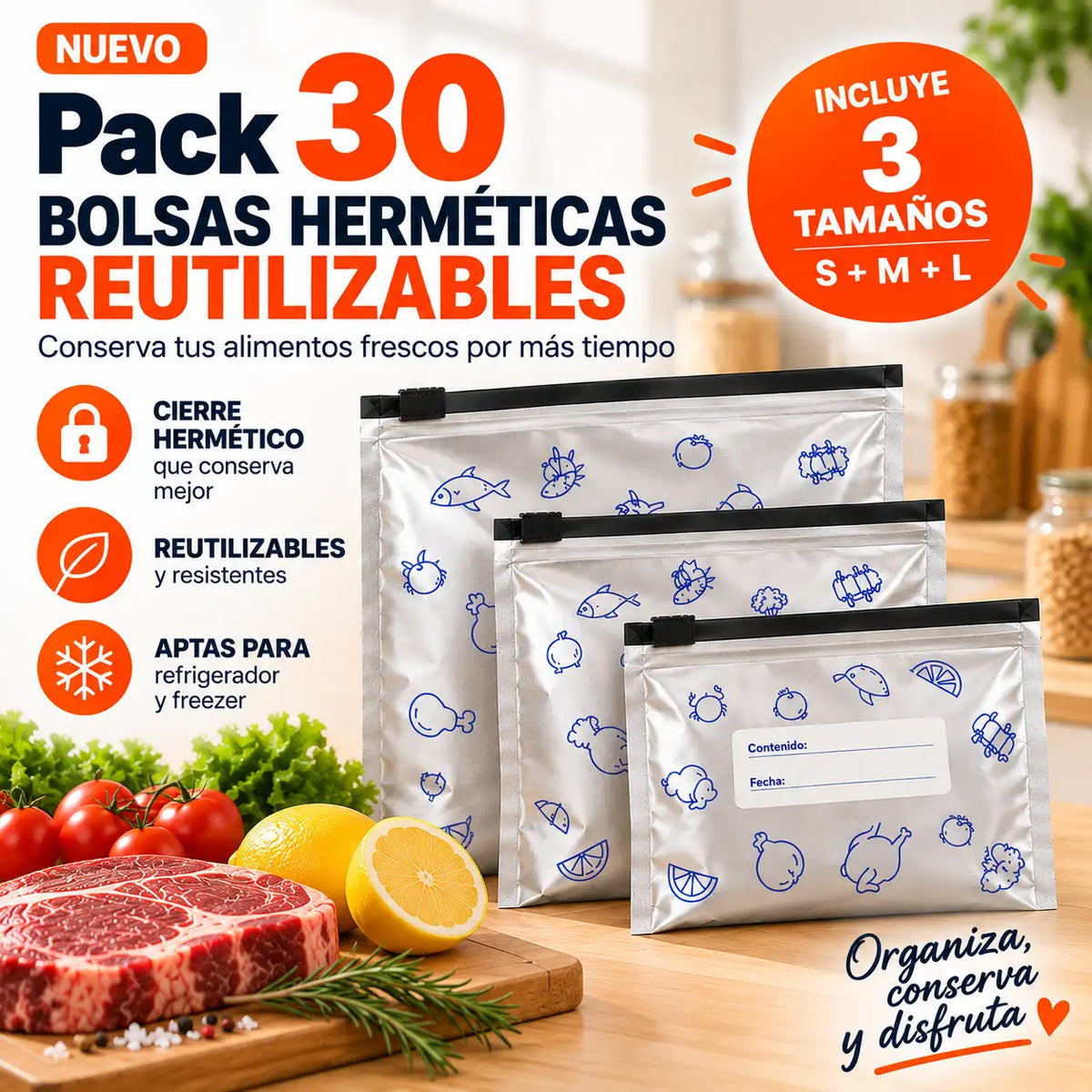 Pack 30 Bolsas Herméticas Reutilizables para Guardar y Conservar tus Alimentos | Incluye 3 Tamaños S, M y L