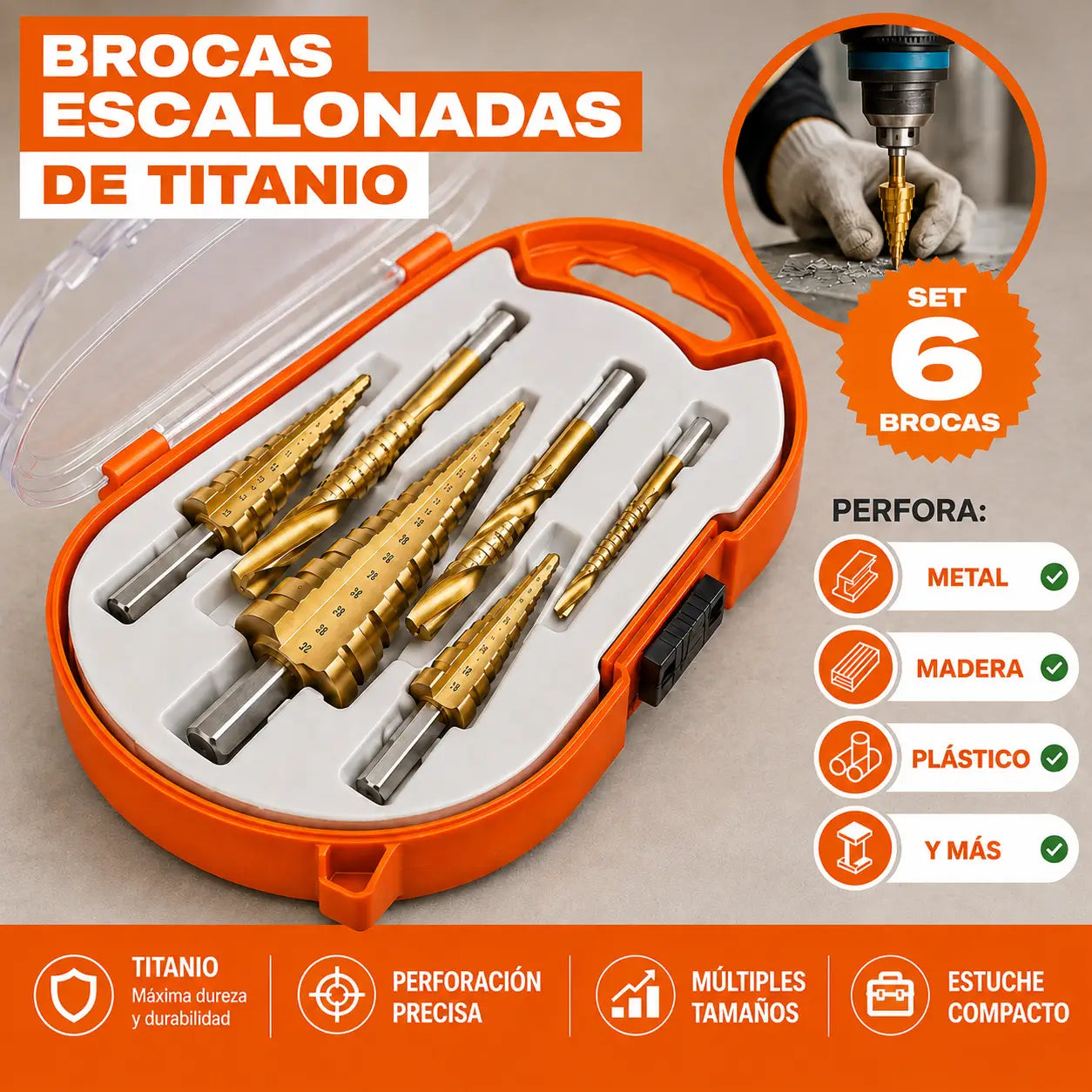 Set de 6 Brocas Escalonadas de Titanio + Estuche | Perfora Distintos Diámetros Sin Cambiar de Broca